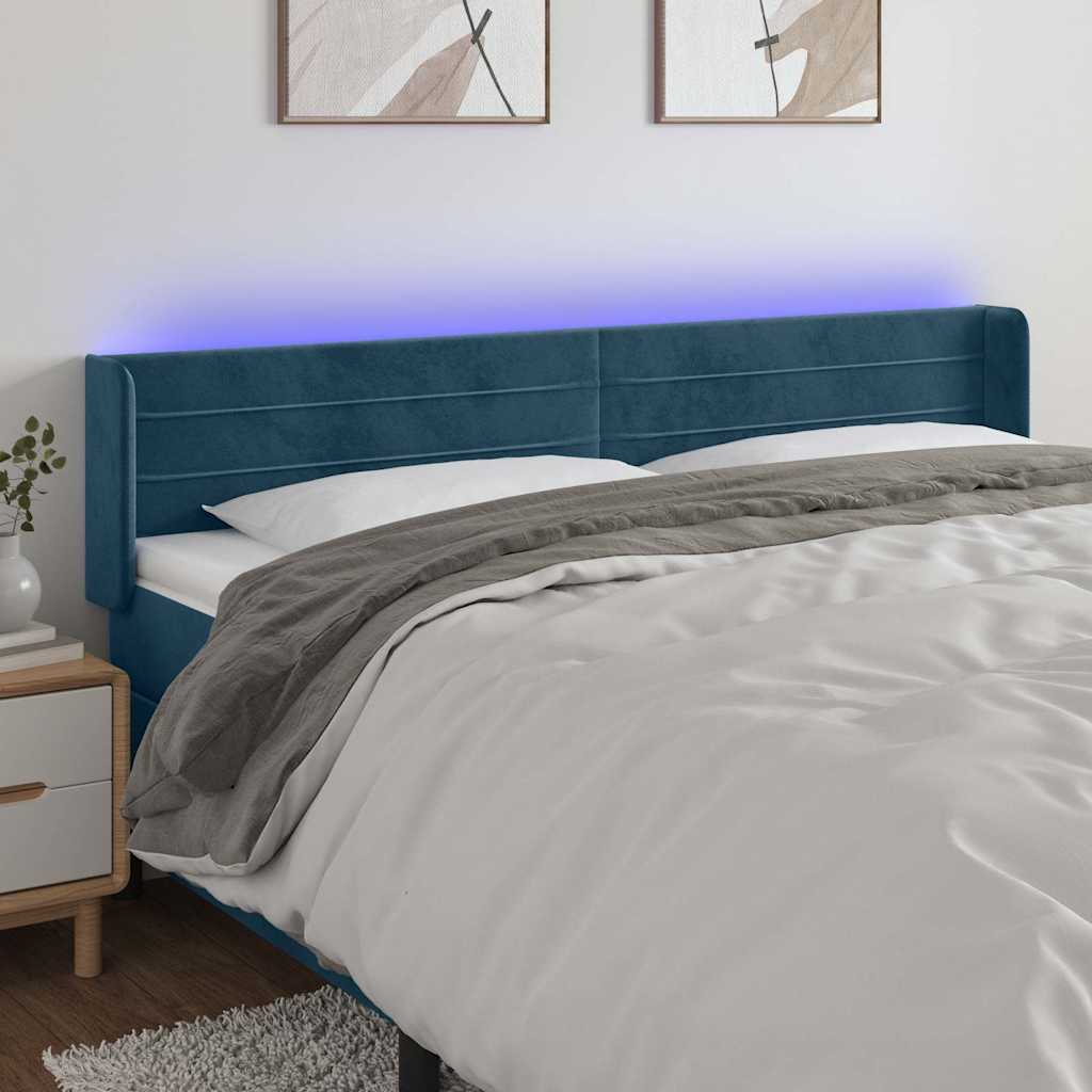 Sötétkék bársony LED-es fejtámla 203 x 16 x 78/88 cm