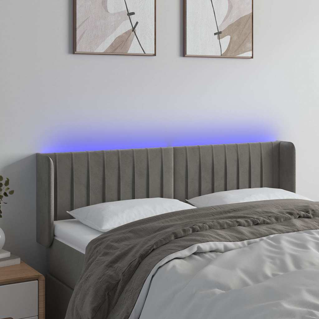Világosszürke bársony LED-es fejtámla 147 x 16 x 78/88 cm