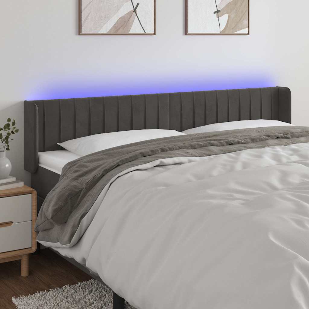 Sötétszürke bársony LED-es fejtámla 163 x 16 x 78/88 cm