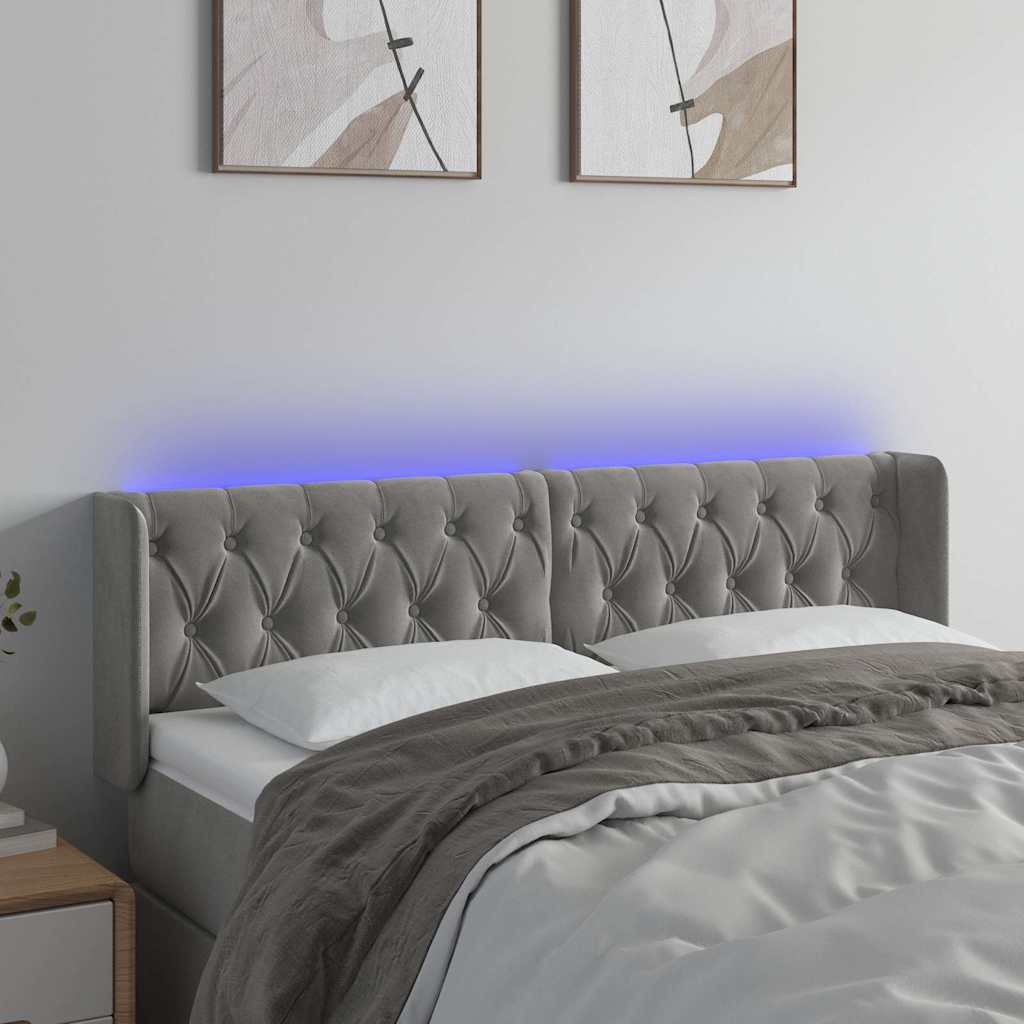 Világosszürke bársony LED-es fejtámla 147 x 16 x 78/88 cm