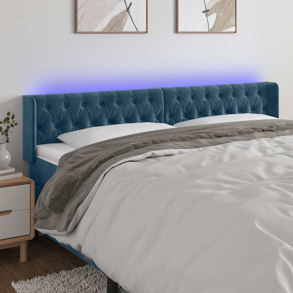 Sötétkék bársony LED-es fejtámla 183 x 16 x 78/88 cm