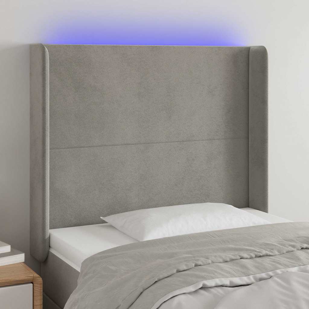 Világosszürke bársony LED-es fejtámla 93x16x118/128 cm