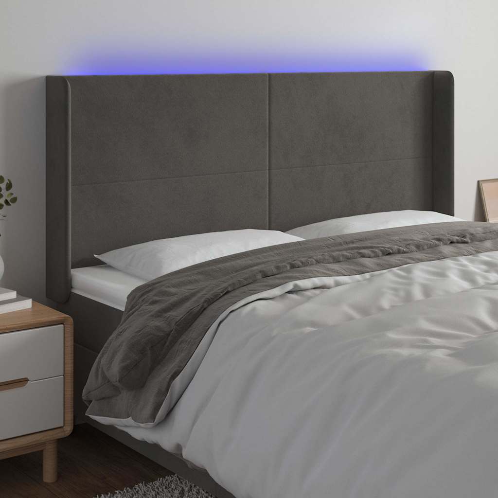 Sötétszürke bársony LED-es fejtámla 203x16x118/128 cm