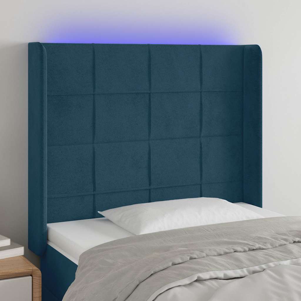 Sötétkék bársony LED-es fejtámla 83x16x118/128 cm