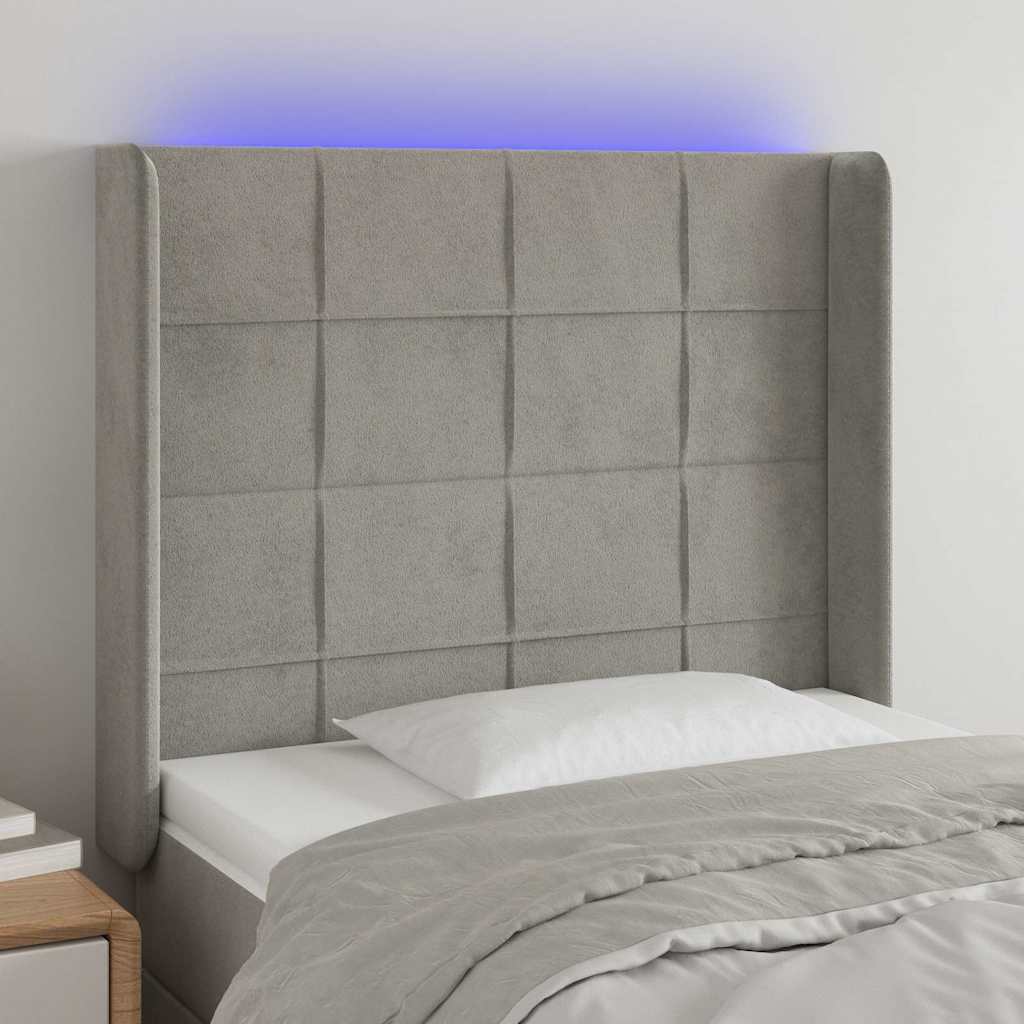 Világosszürke bársony LED-es fejtámla 93x16x118/128 cm