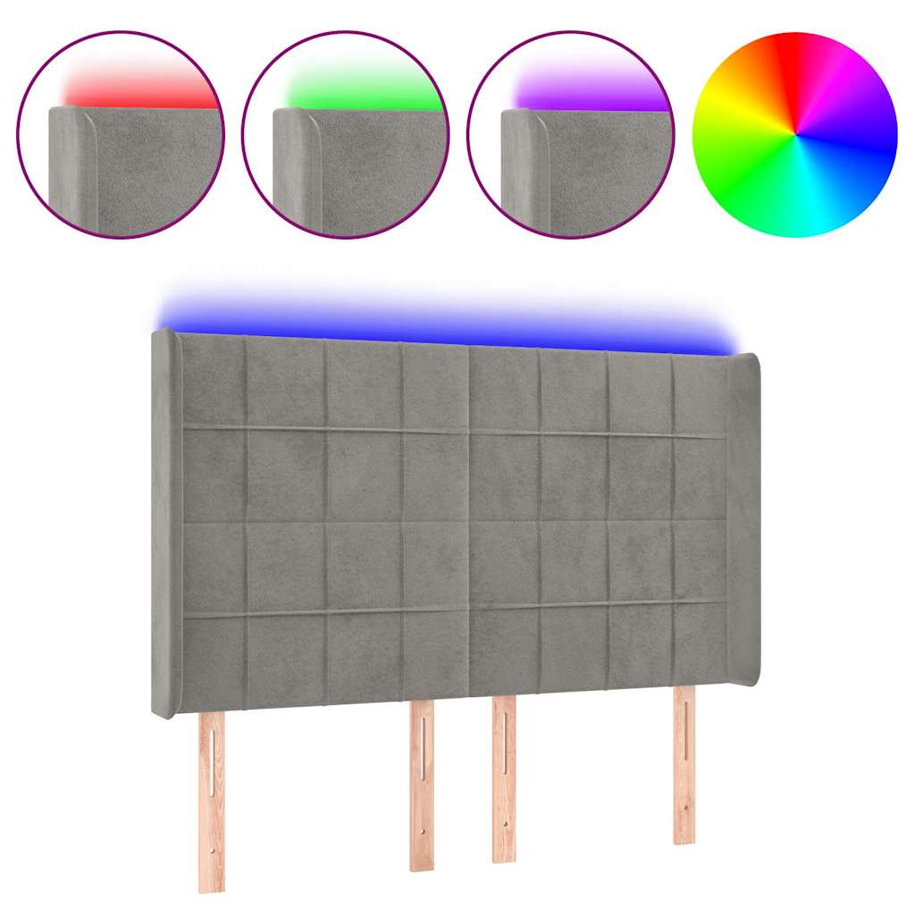 Világosszürke bársony LED-es fejtámla 147x16x118/128 cm 2