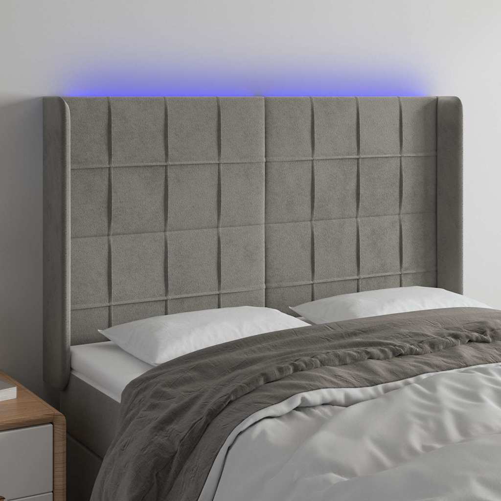 Világosszürke bársony LED-es fejtámla 147x16x118/128 cm