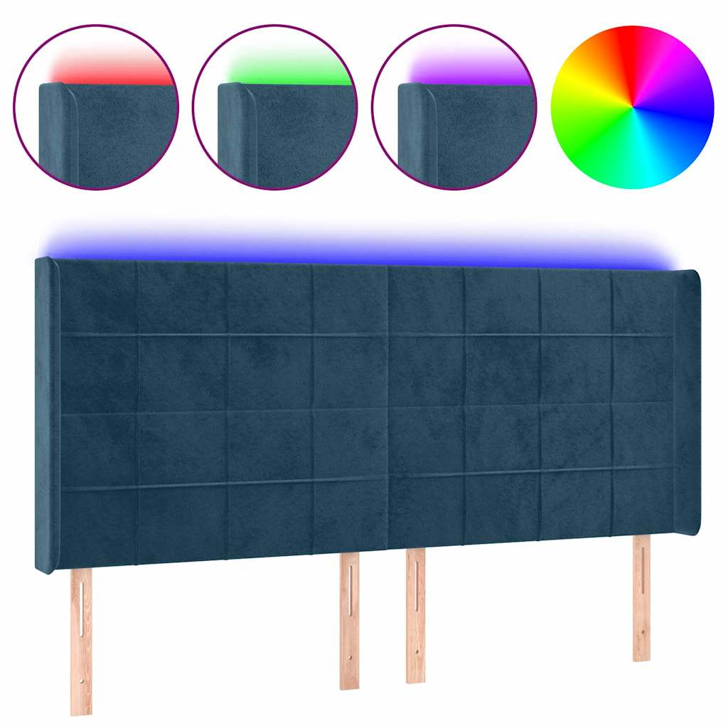 Sötétkék bársony LED-es fejtámla 203x16x118/128 cm 2