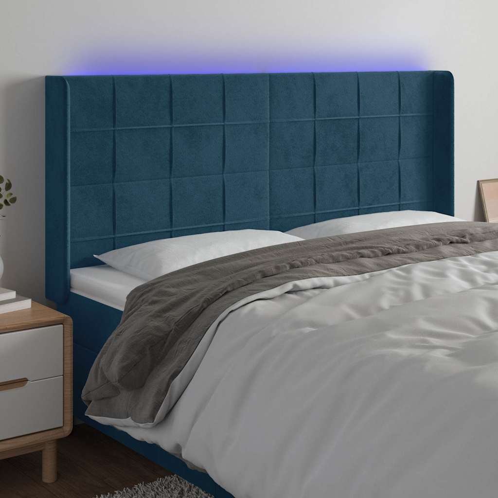 Sötétkék bársony LED-es fejtámla 203x16x118/128 cm