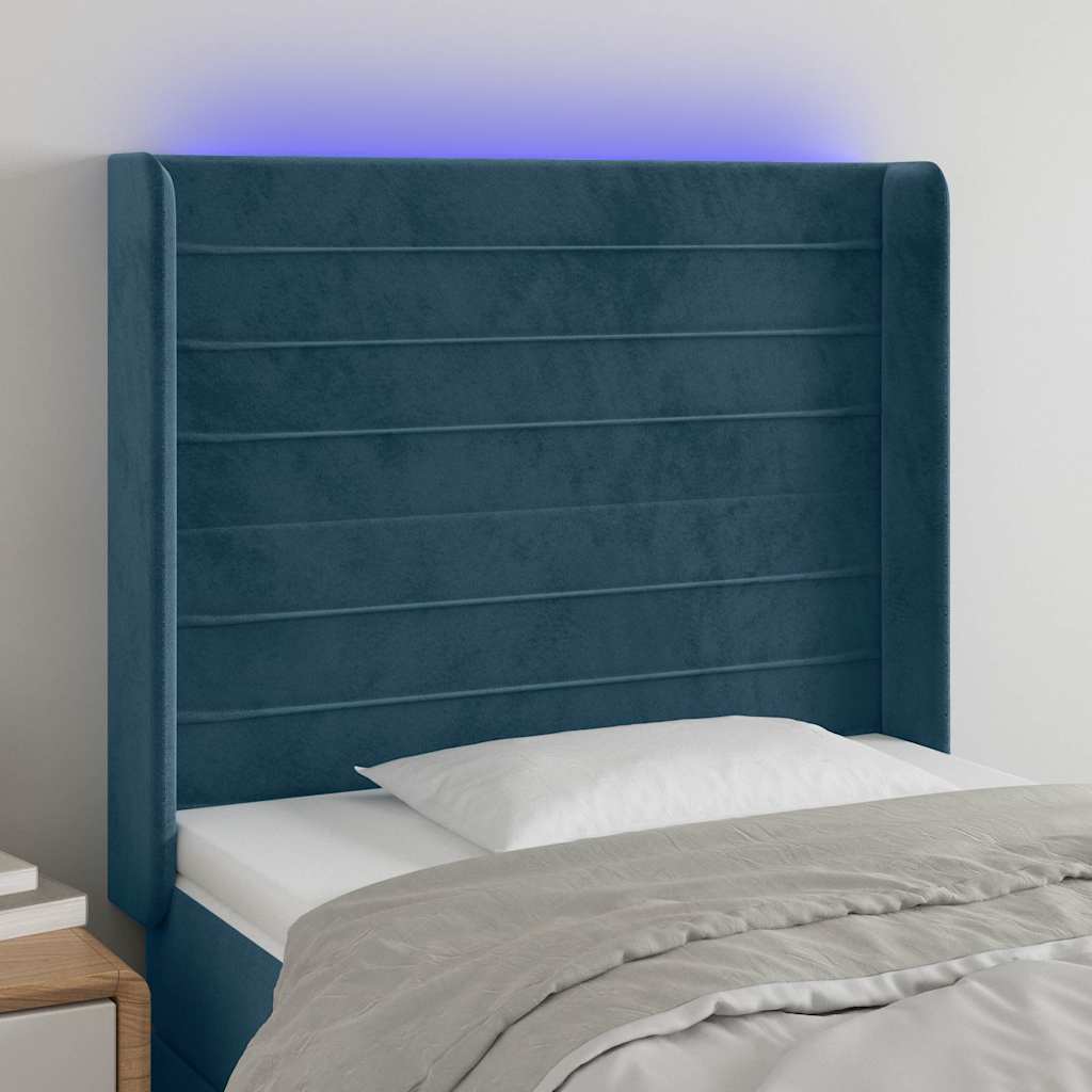 Sötétkék bársony LED-es fejtámla 83x16x118/128 cm