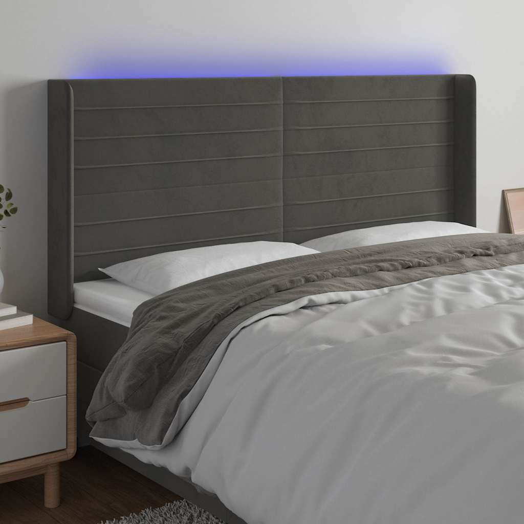 Sötétszürke bársony LED-es fejtámla 203x16x118/128 cm