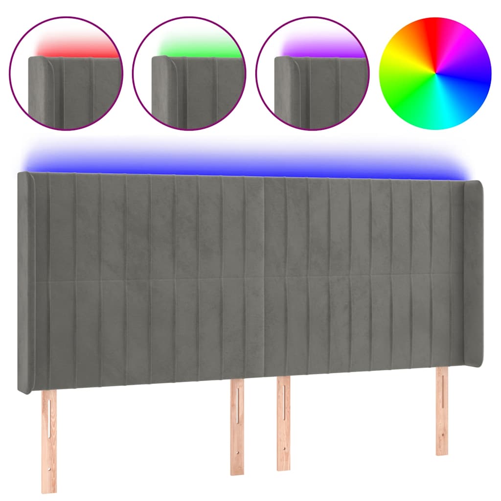 Világosszürke bársony LED-es fejtámla 183x16x118/128 cm 2