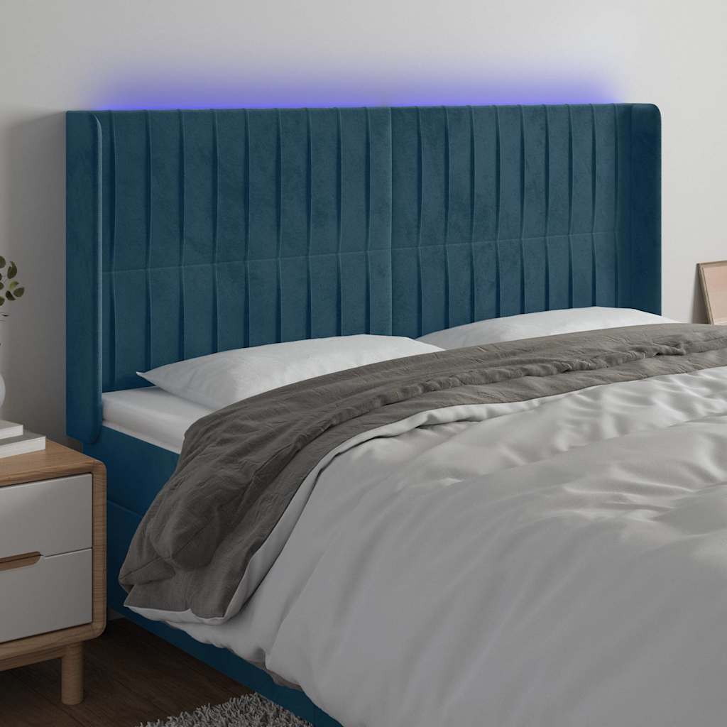 Sötétkék bársony LED-es fejtámla 183x16x118/128 cm