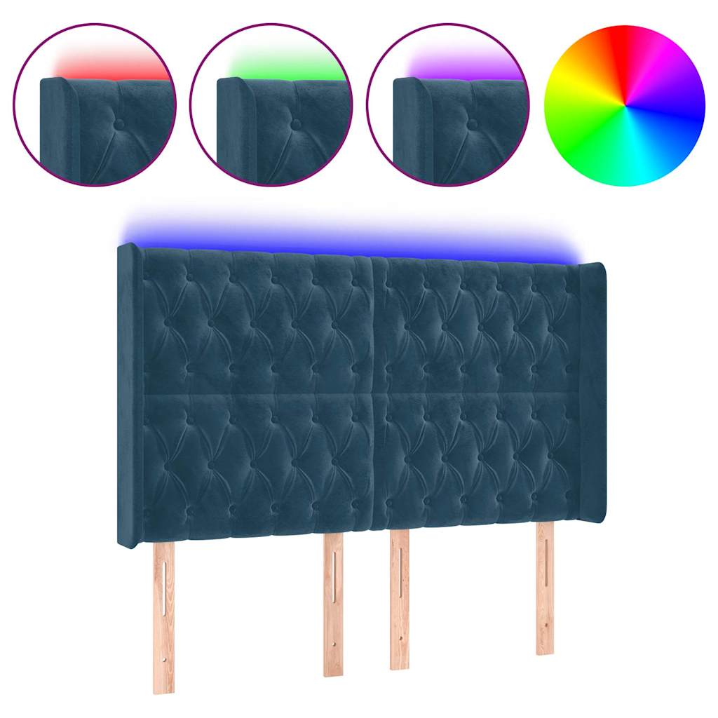 Sötétkék bársony LED-es fejtámla 163x16x118/128 cm 2