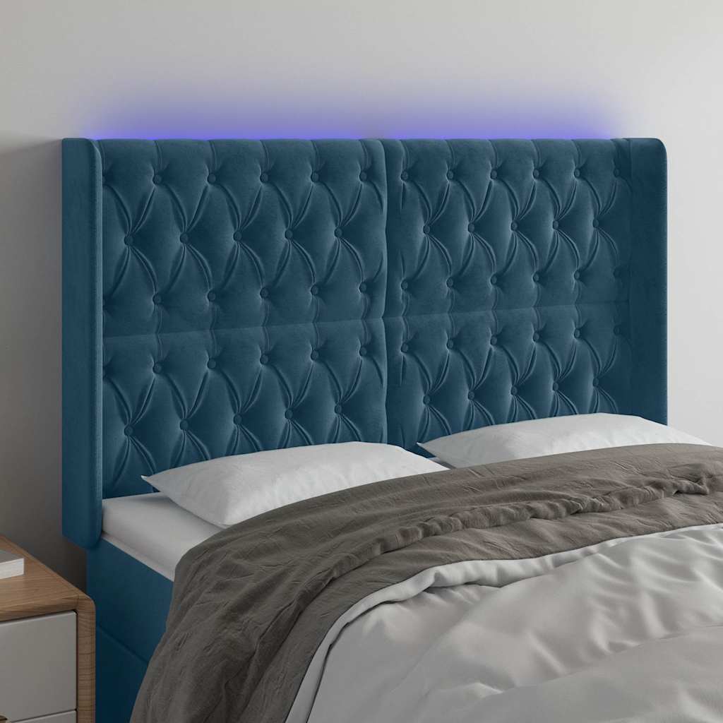 Sötétkék bársony LED-es fejtámla 163x16x118/128 cm
