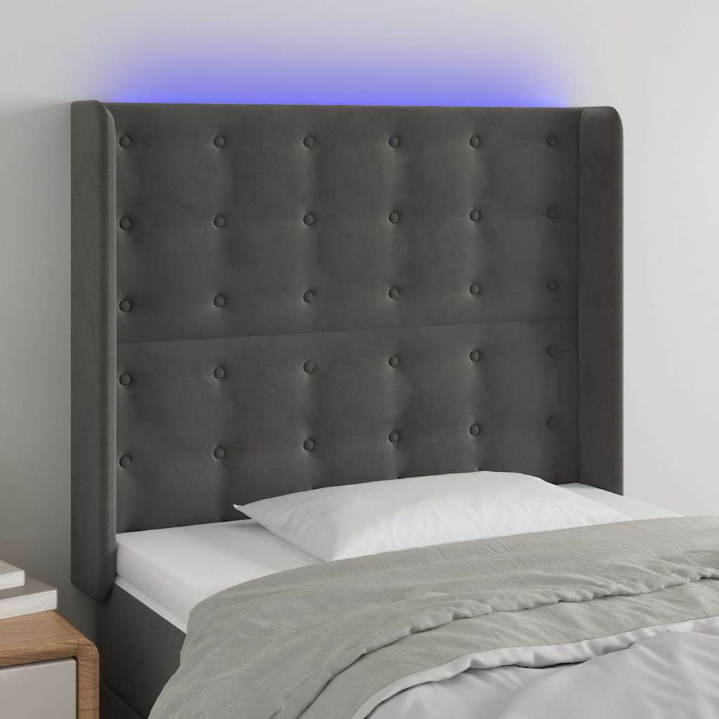 Sötétszürke bársony LED-es fejtámla 83x16x118/128 cm