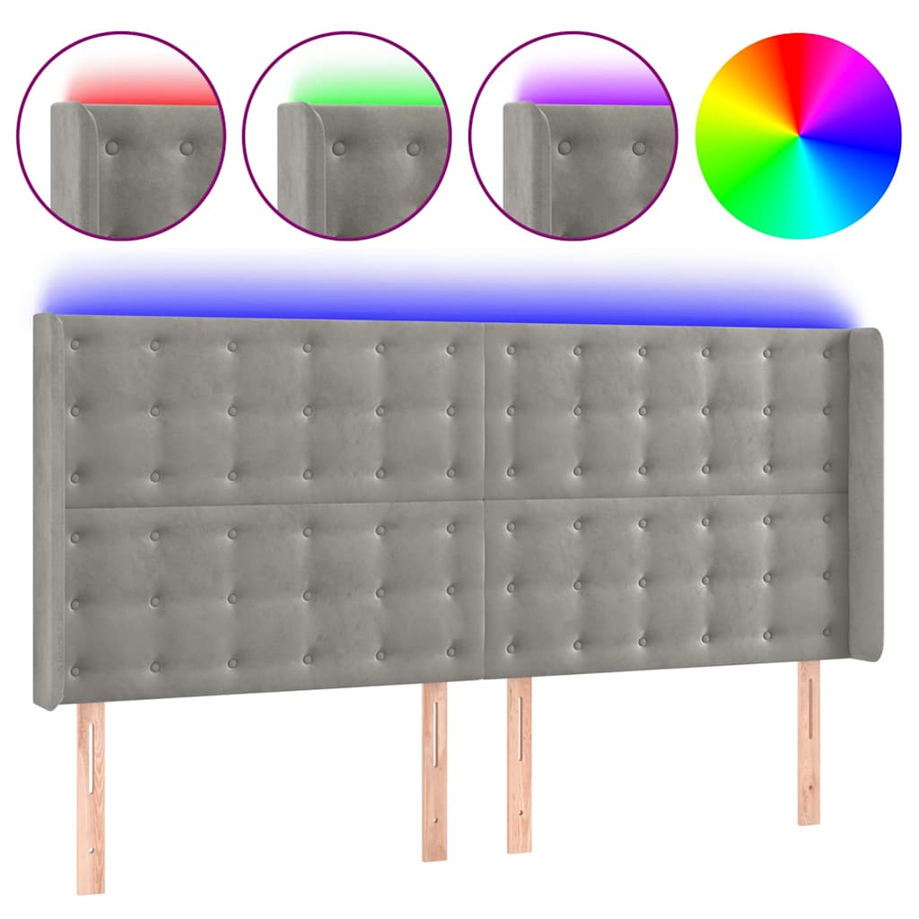 Világosszürke bársony LED-es fejtámla 163x16x118/128 cm 2