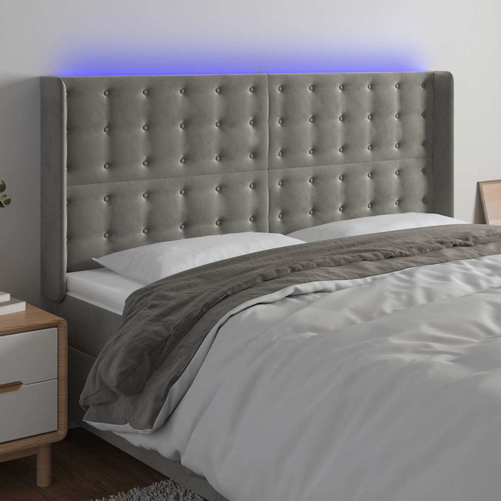 Világosszürke bársony LED-es fejtámla 163x16x118/128 cm