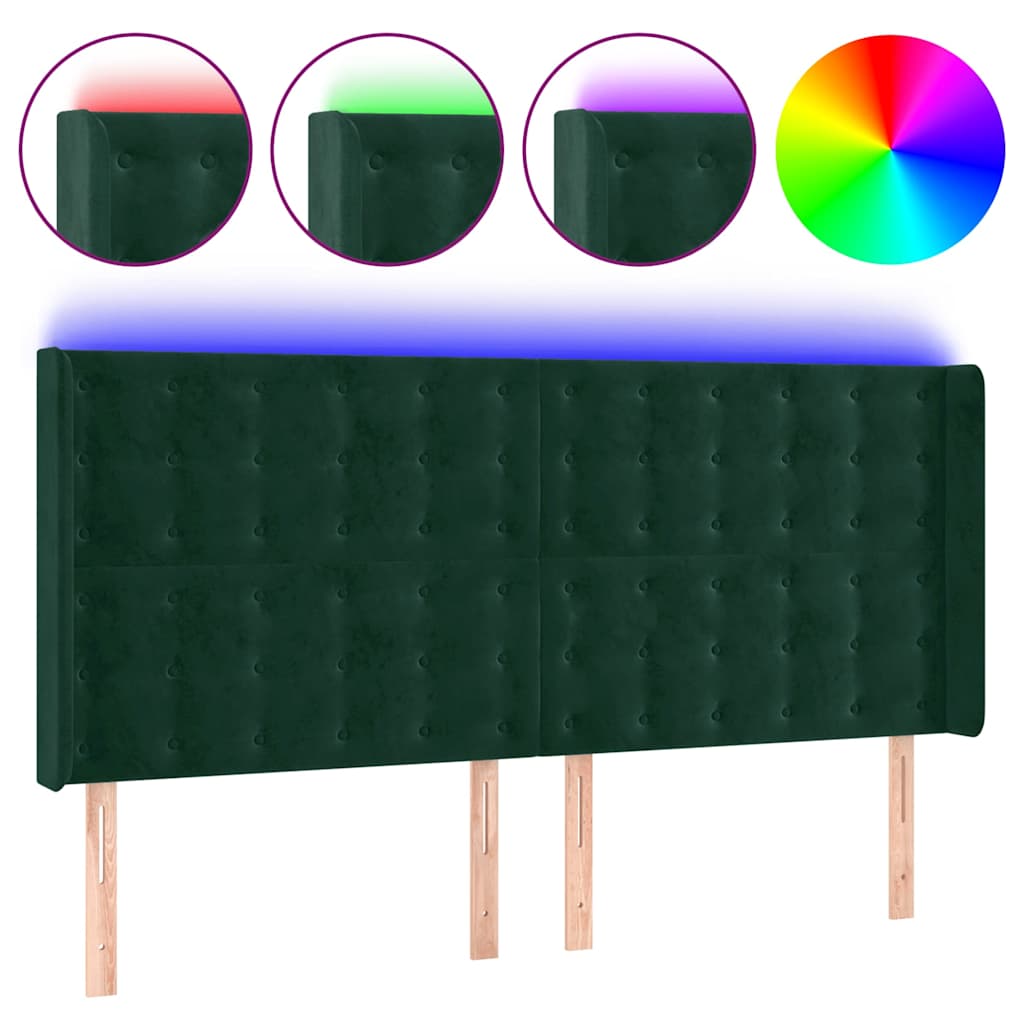 Sötétzöld bársony LED-es fejtámla 203x16x118/128 cm 2