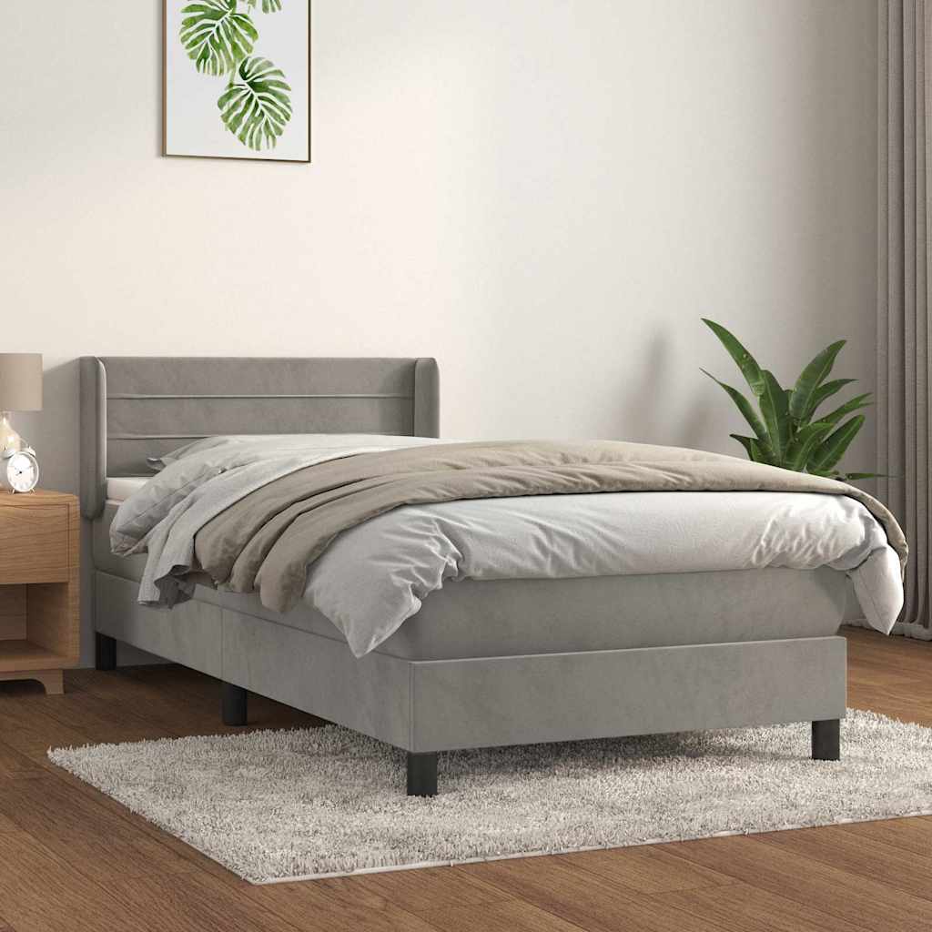 Világosszürke bársony rugós ágy matraccal 100 x 200 cm
