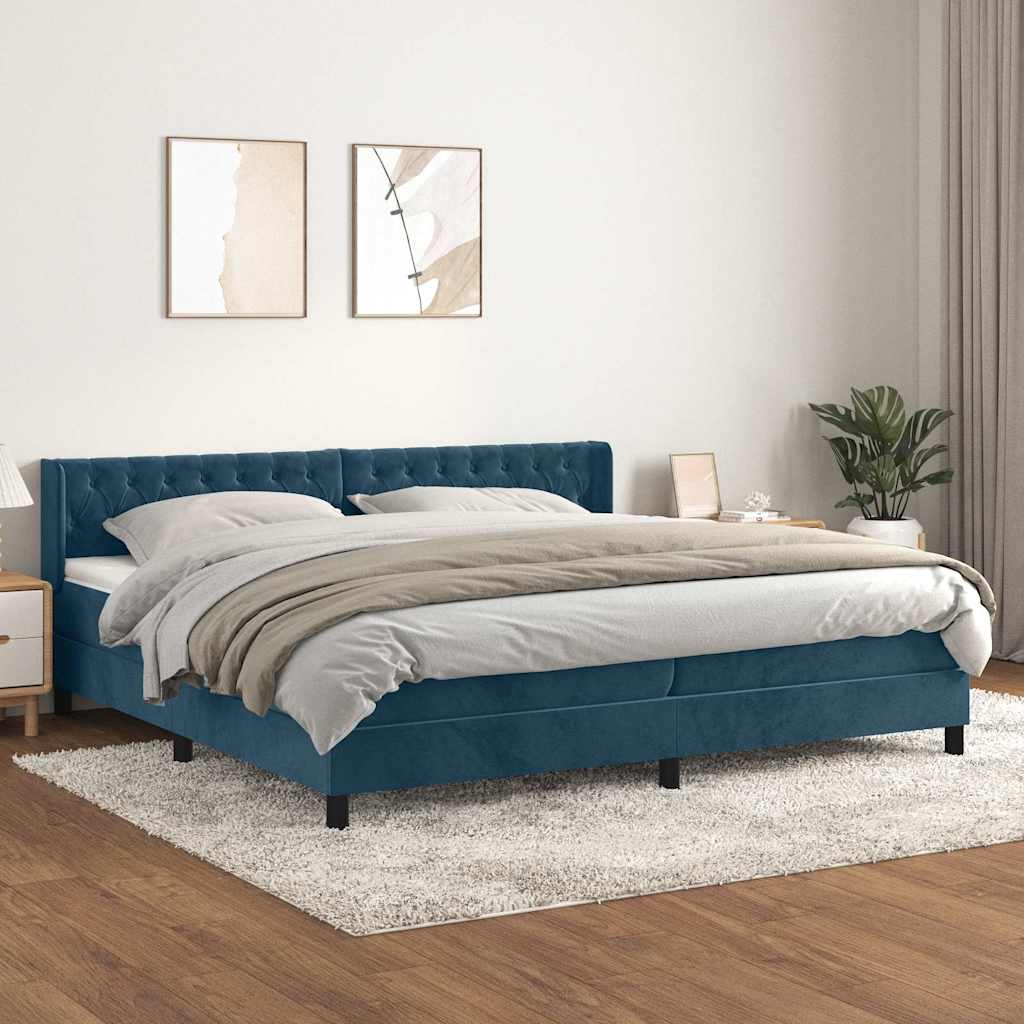 Sötétkék bársony rugós ágy matraccal 200x200 cm