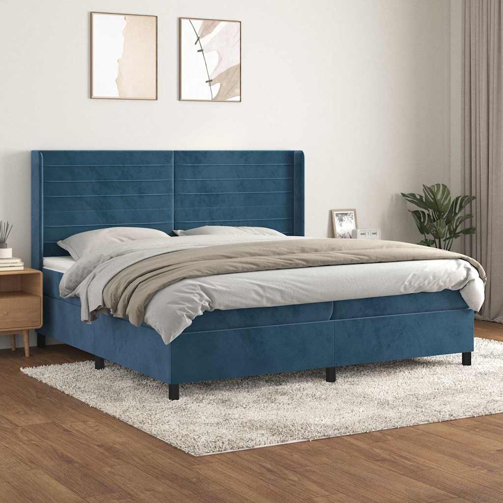 Sötétkék bársony rugós ágy matraccal 200x200 cm