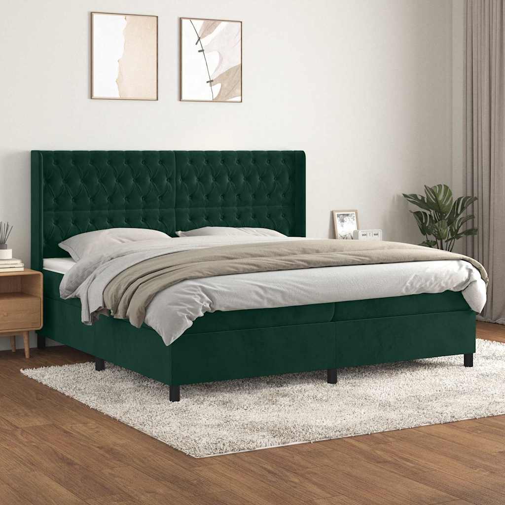 Sötétzöld bársony rugós ágy matraccal 200x200 cm