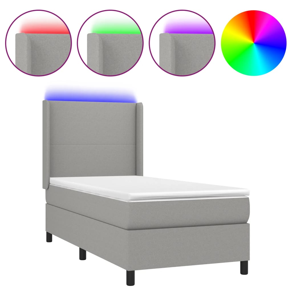 Világosszürke szövet rugós és LED-es ágy matraccal 90x190 cm 2