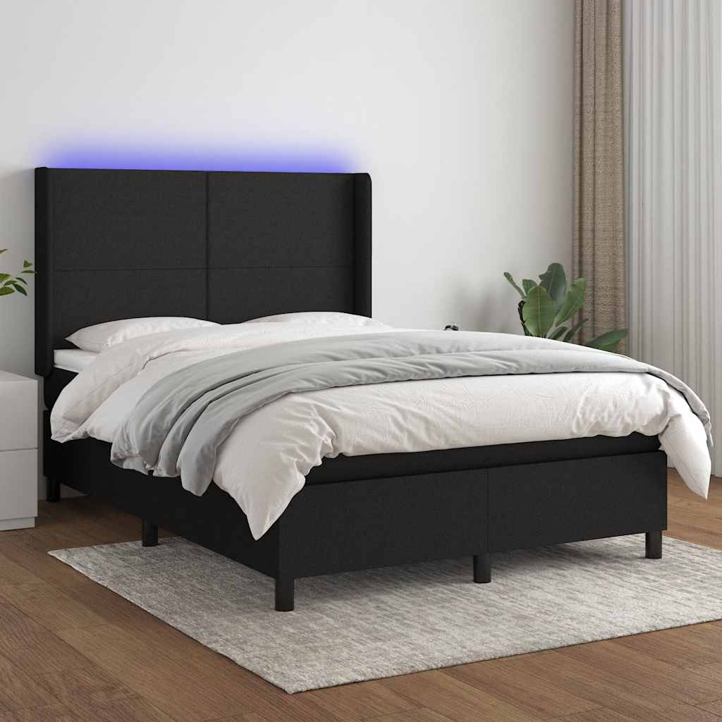 Fekete szövet rugós és LED-es ágy matraccal 140x190 cm