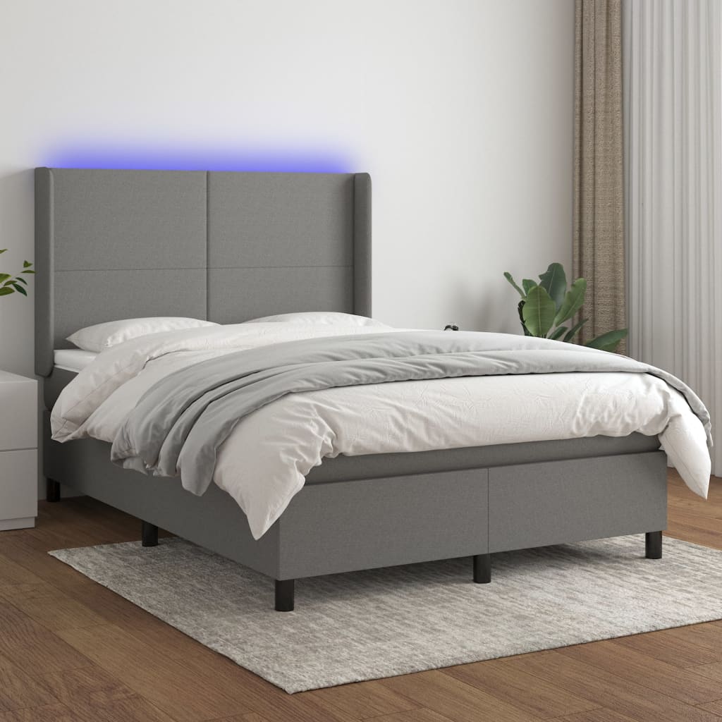 Sötétszürke szövet rugós és LED-es ágy matraccal 140x200 cm