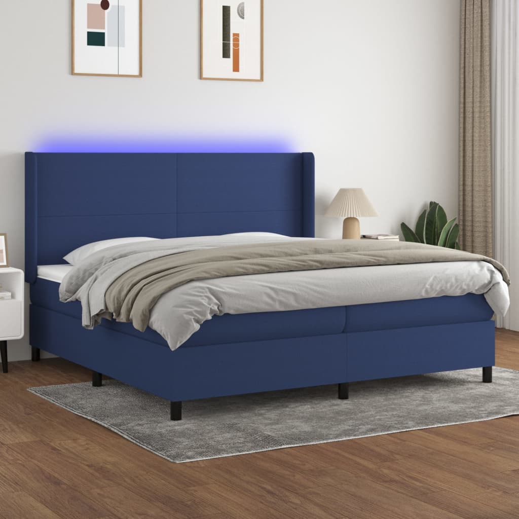 Kék szövet rugós és LED-es ágy matraccal 200 x 200 cm