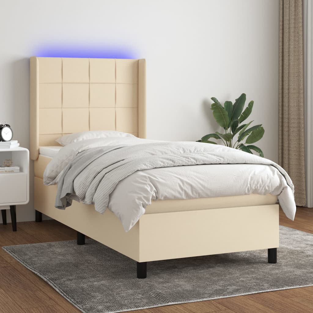 Krémszínű szövet rugós és LED-es ágy matraccal 80 x 200 cm