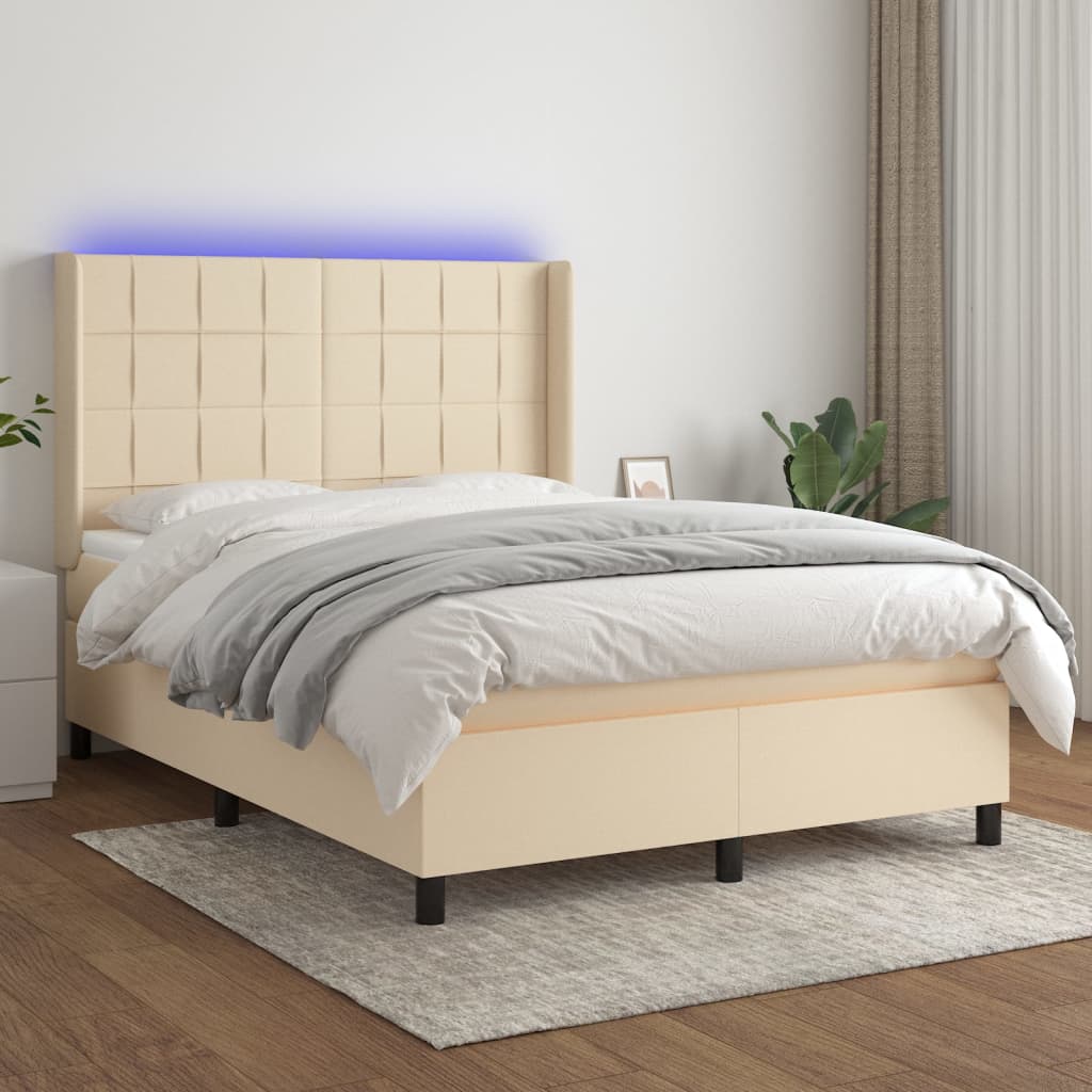 Krémszínű szövet rugós és LED-es ágy matraccal 140x190cm