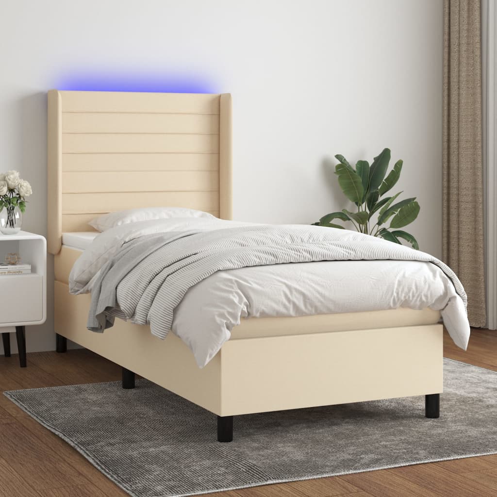 Krémszínű szövet rugós és LED-es ágy matraccal 80 x 200 cm