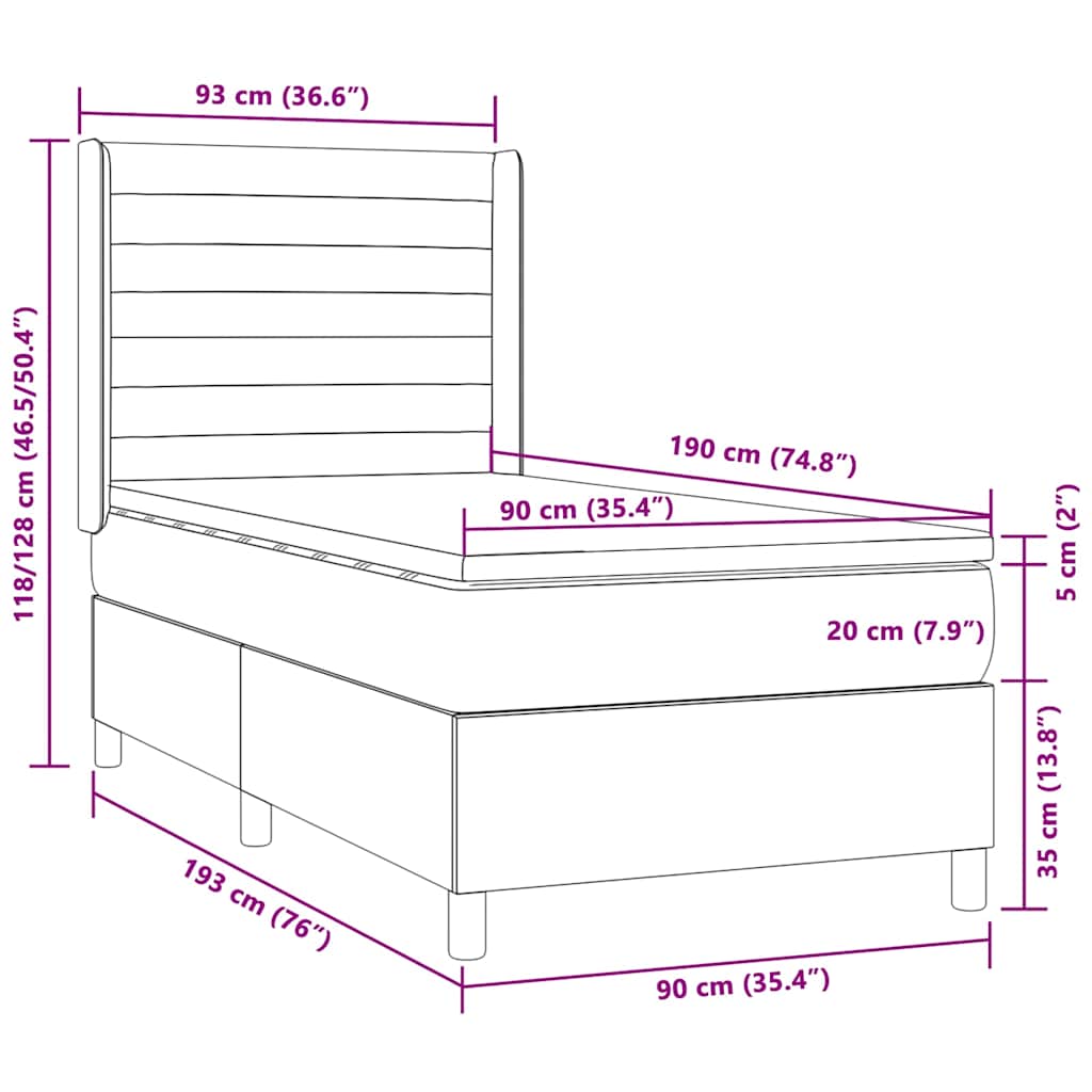 Tópszínű szövet rugós és LED-es ágy matraccal 90x190 cm 8