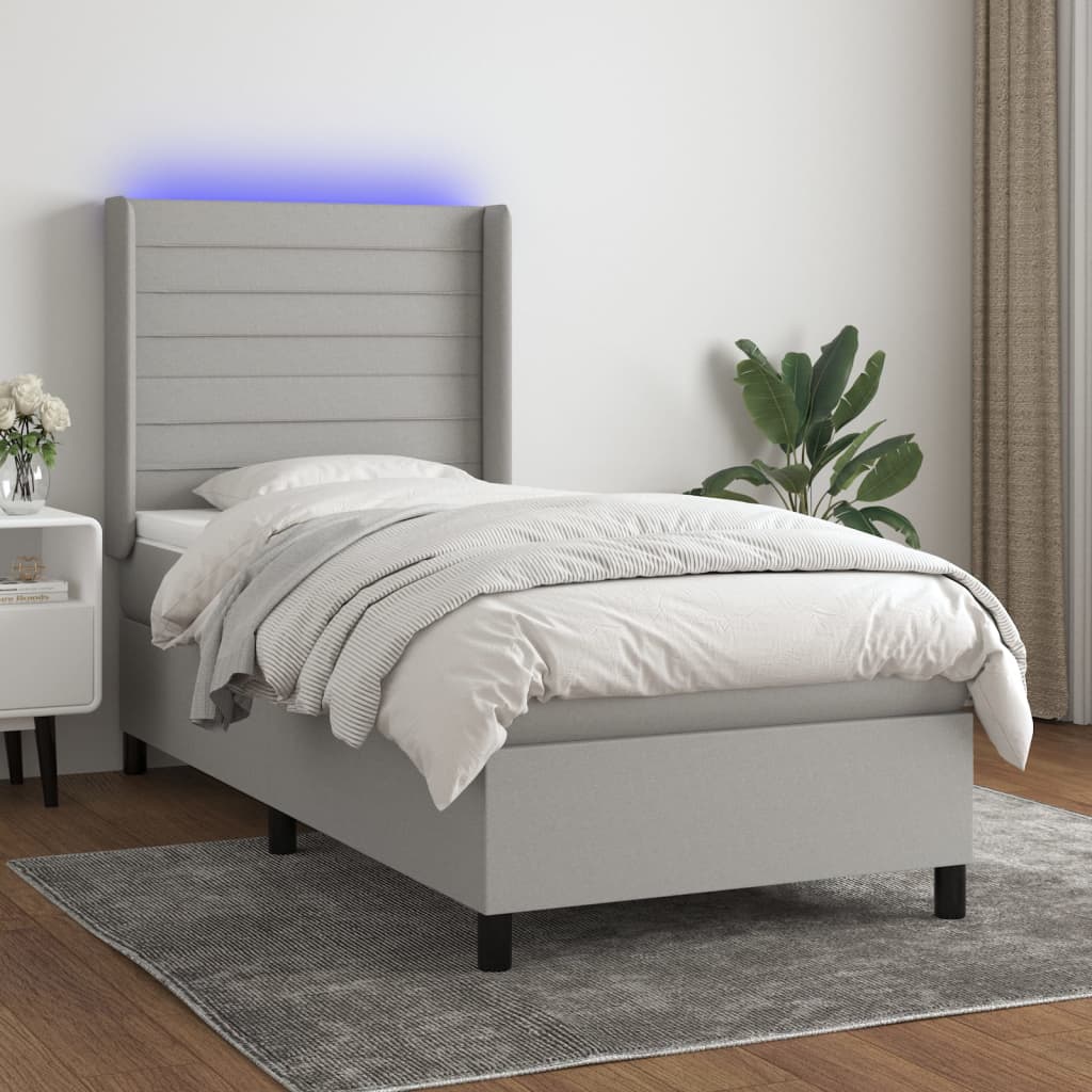 Világosszürke szövet rugós és LED-es ágy matraccal 100x200 cm