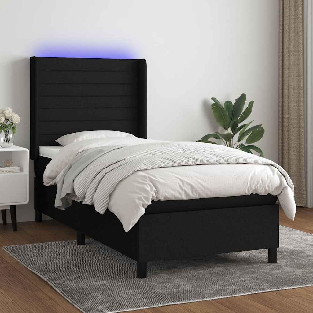Fekete szövet rugós és LED-es ágy matraccal 100x200 cm