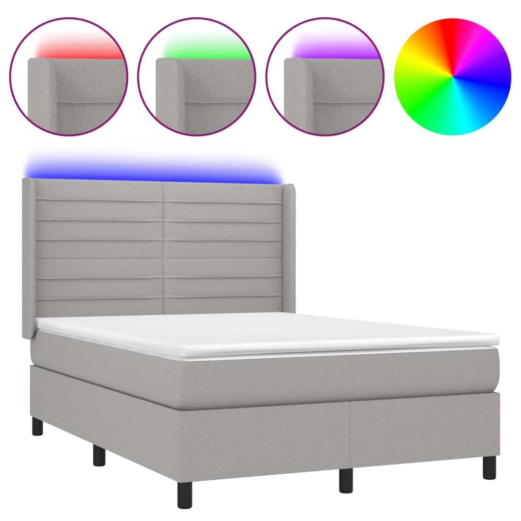 Világosszürke szövet rugós és LED-es ágy matraccal 140x190 cm 2