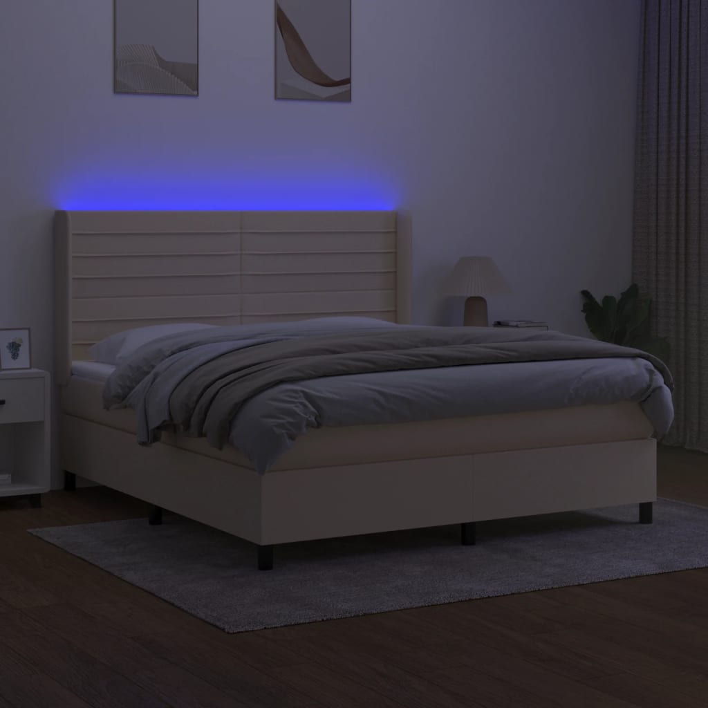 Krémszínű szövet rugós és LED-es ágy matraccal 160x200 cm 3