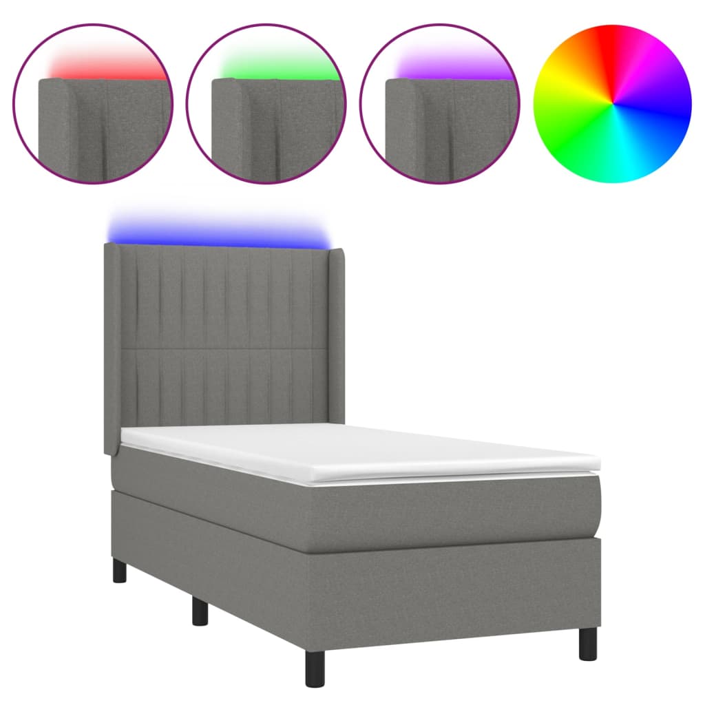 Sötétszürke szövet rugós és LED-es ágy matraccal 90x200 cm 2