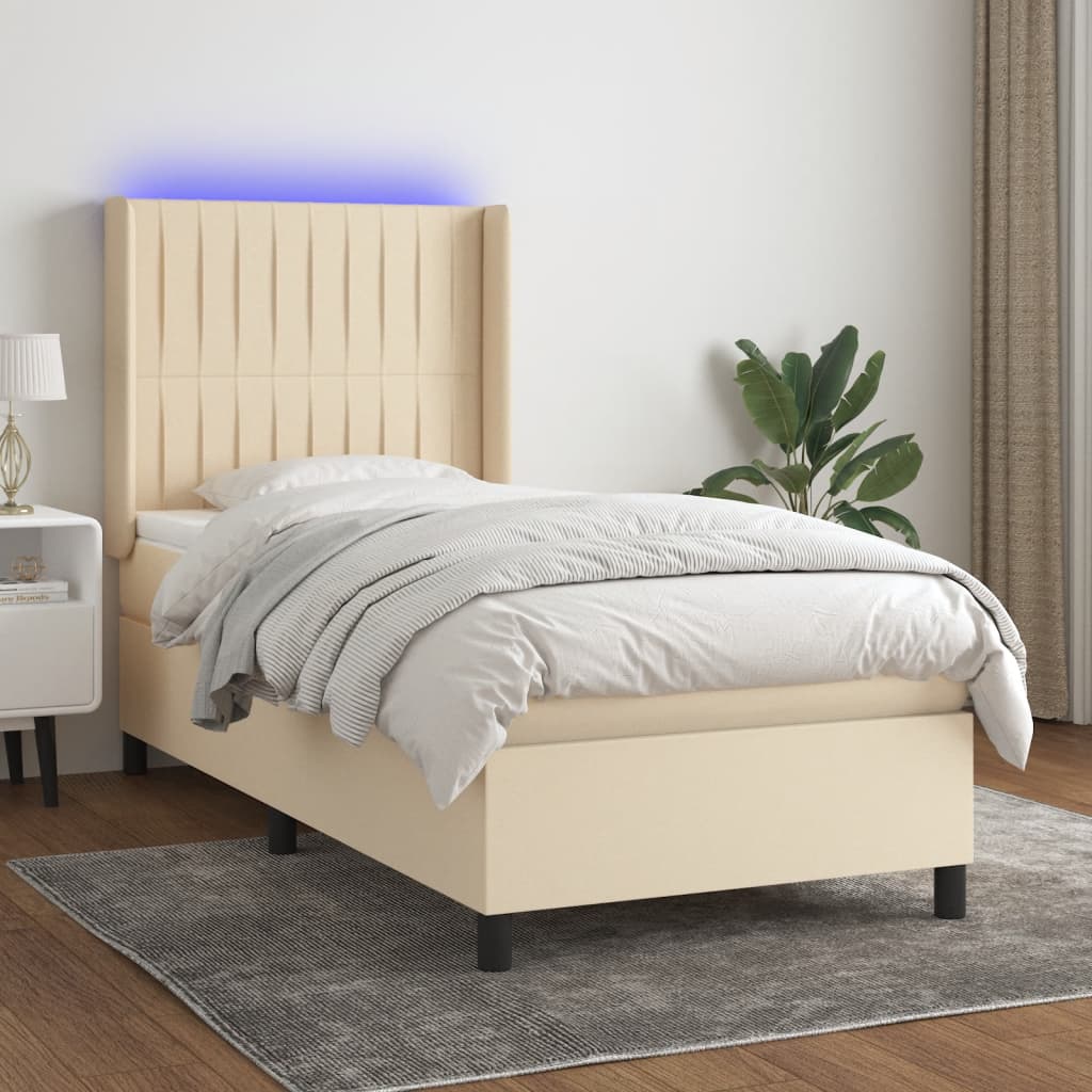 Krémszínű szövet rugós és LED-es ágy matraccal 90x200 cm