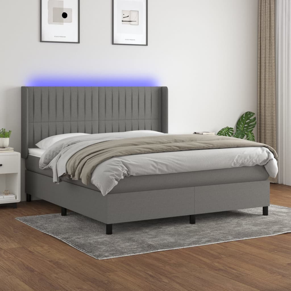 Sötétszürke szövet rugós és LED-es ágy matraccal 180 x 200 cm