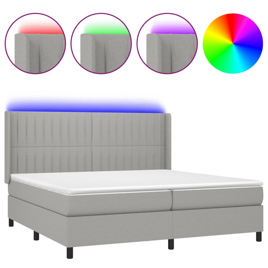 Világosszürke szövet rugós és LED-es ágy matraccal 200x200 cm 2