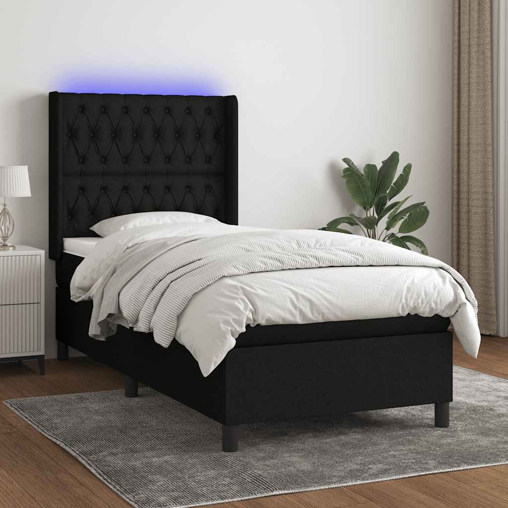 Fekete szövet rugós és LED-es ágy matraccal 80 x 200 cm