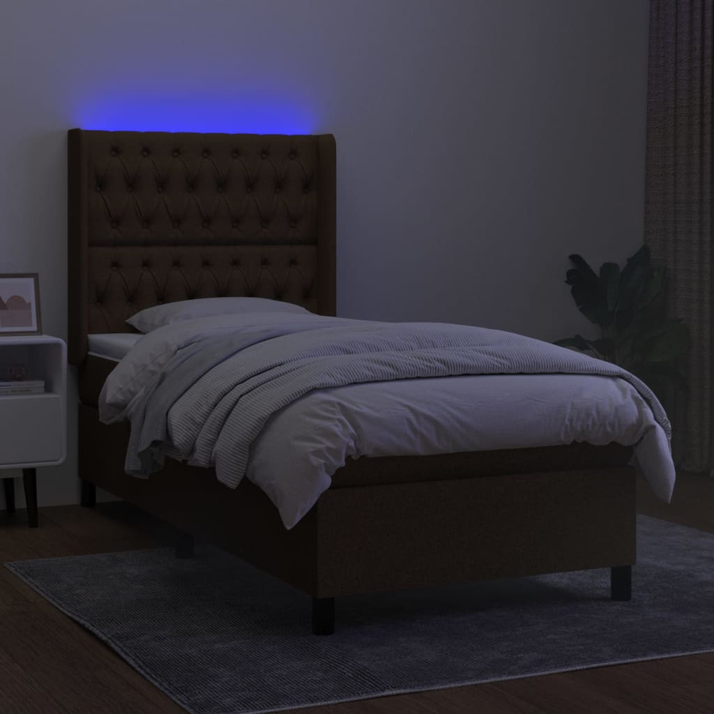 Barna szövet rugós és LED-es ágy matraccal 90x190 cm 3