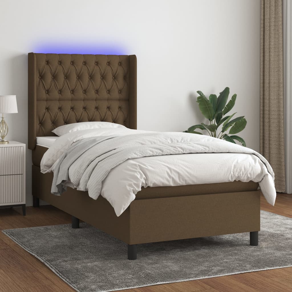Barna szövet rugós és LED-es ágy matraccal 90x190 cm