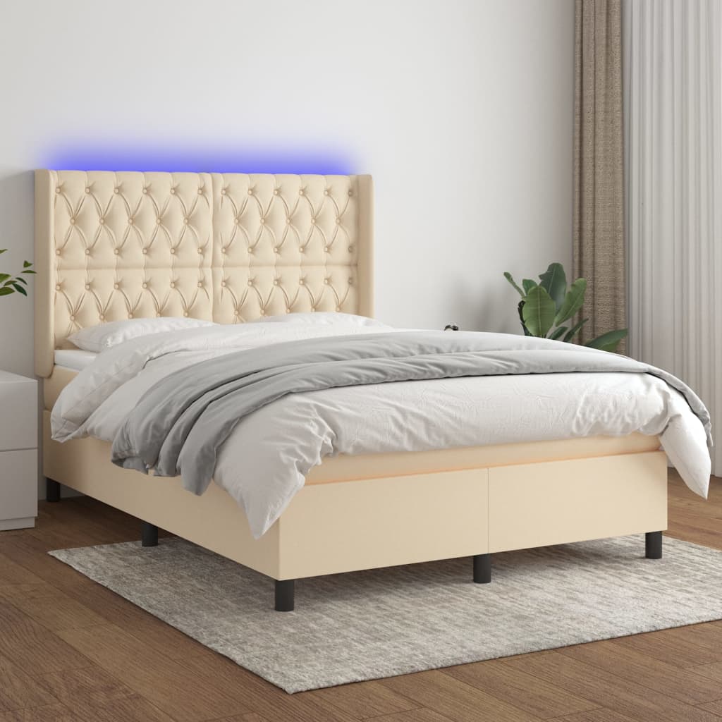 Krémszínű szövet rugós és LED-es ágy matraccal 140x200 cm