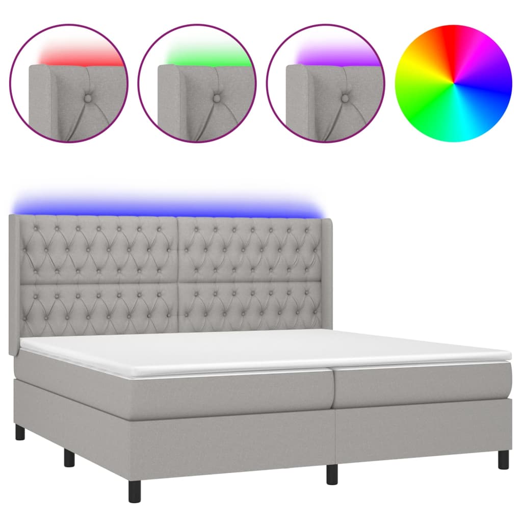Világosszürke szövet rugós és LED-es ágy matraccal 200x200 cm 2