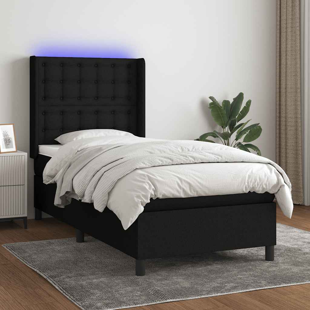Fekete szövet rugós és LED-es ágy matraccal 80 x 200 cm