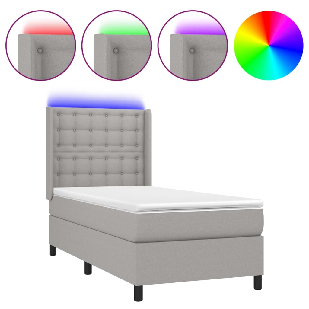 Világosszürke szövet rugós és LED-es ágy matraccal 90x190 cm 2